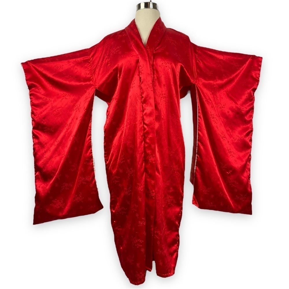 Vintage Red Satin Kimono Robe‎ With Floral Print Size 10 Medium